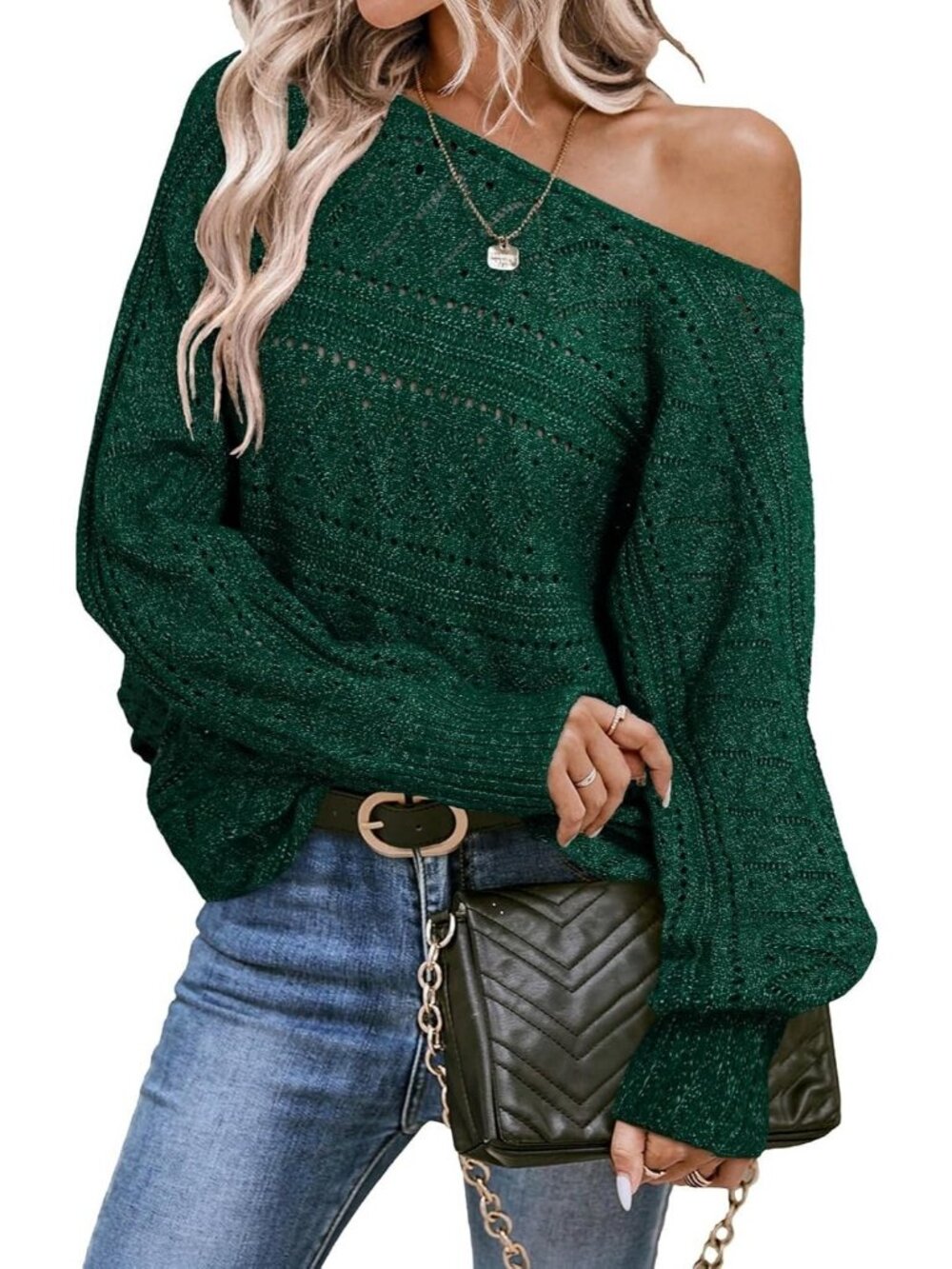 Women's Dark Green Crochet Boat Neck Long Batwing Sleeve Loose Fashion Sweaters